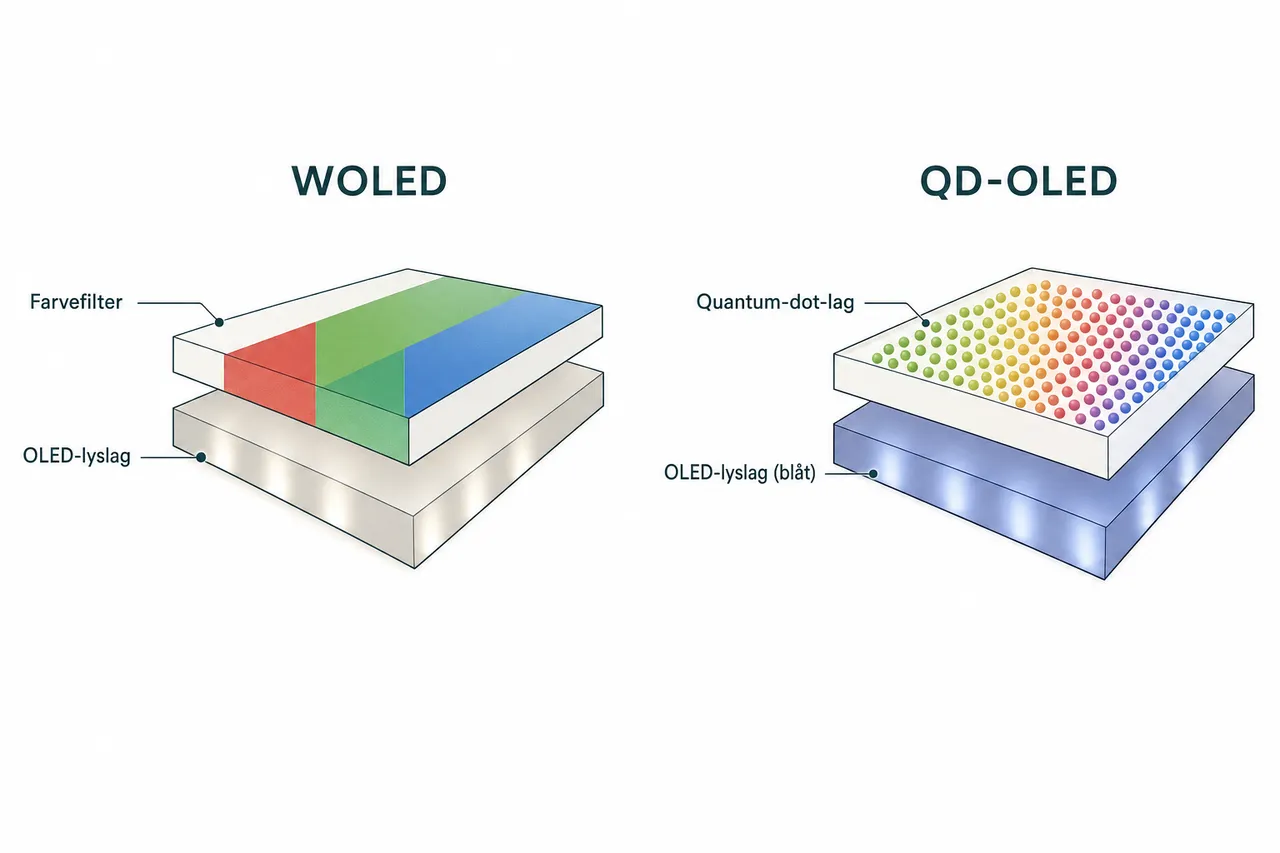 AI-genereret illustration. Skematisk tværsnit af de to OLED-typer. WOLED: et hvidt OLED-lyslag med et farvefilter ovenpå. QD-OLED: et blåt OLED-lyslag med et quantum-dot-lag ovenpå.